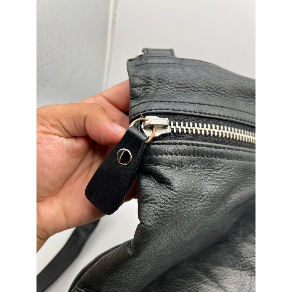 Margot Black Pebbled Leather Crossbody Bag Foldover Zip Top Minimalist Messenger - Picture 4 of 8